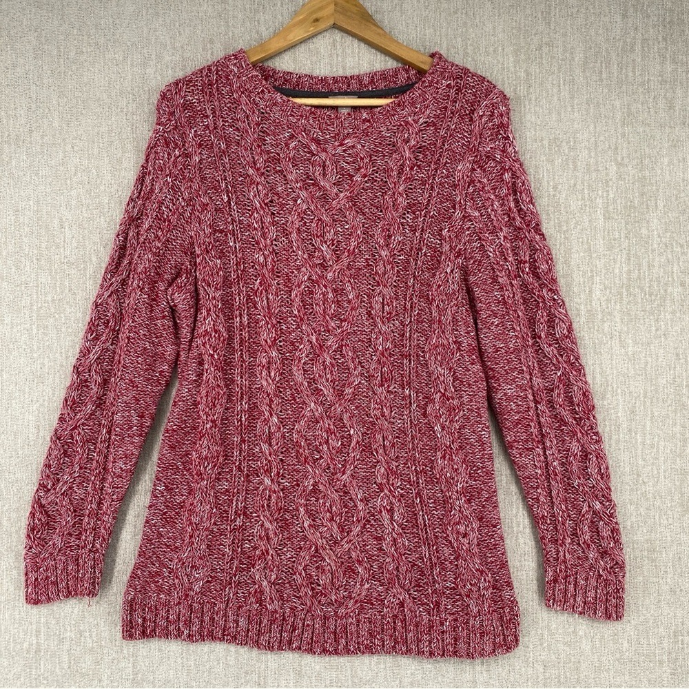 J.Jill Cable Knit‎ Pullover Sweater Size Large Red White Marl Long Sleeve